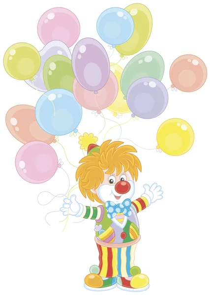 Friendly Smiling Circus Clown Colorful Holiday Balloons Vector Illustration Cartoon — Stock Vector