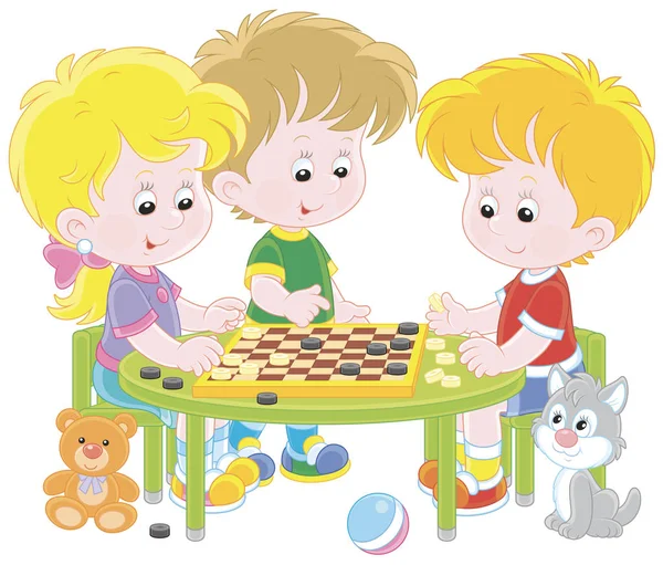 Little Children Playing Checkers Vector Illustration Cartoon Style — Stock Vector