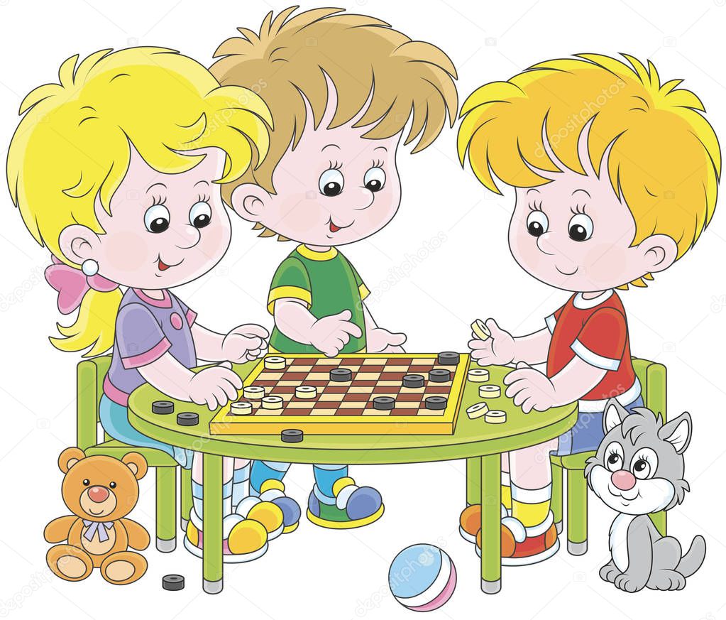 Little children playing checkers, a vector illustration in a cartoon style