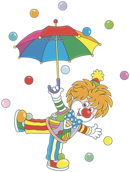 優しい笑みを浮かべてサーカスのピエロは 漫画のスタイルのベクトル図の色のボールの雨の中でカラフルな傘の下で踊り — ストックベクタ