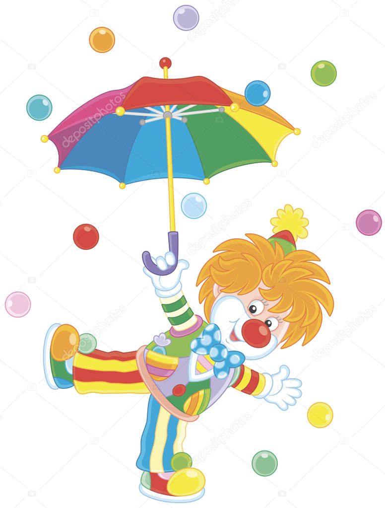 Friendly smiling circus clown dancing under a colorful umbrella in rain of color balls, a vector illustration in a cartoon style