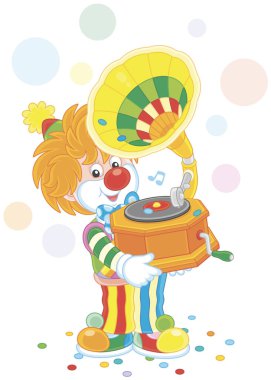 Friendly smiling circus clown listening music from his old gramophone, a vector illustration in a cartoon style clipart