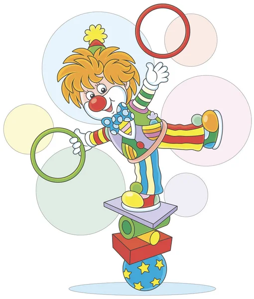 Circus Show Comic Juggler Equilibrist Friendly Smiling Clown Balancing Several — Stock Vector