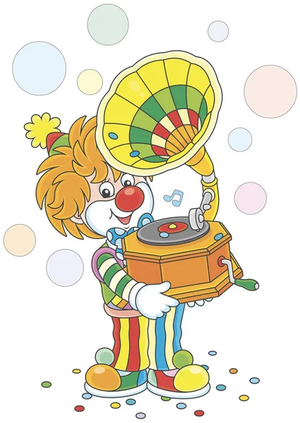 Friendly Smiling Circus Clown Listening Music His Old Gramophone Vector — Stock Vector