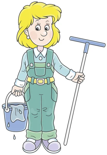 微笑的女孩清洁手拿着棉签和水桶 去洗地板 卡通风格的矢量插图 — 图库矢量图片