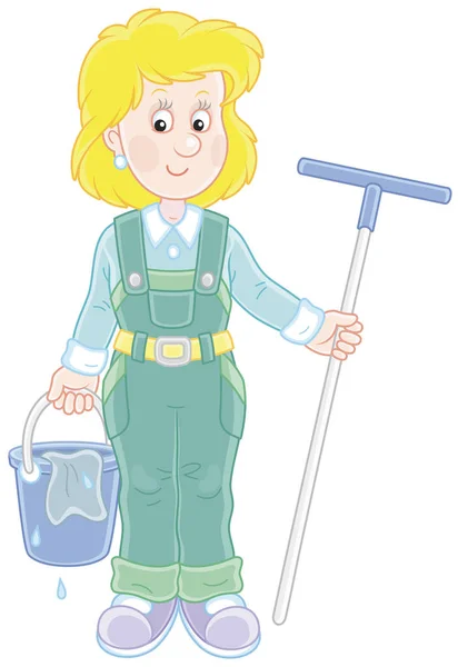 微笑的女孩清洁手拿着棉签和水桶 去洗地板 卡通风格的矢量插图 — 图库矢量图片