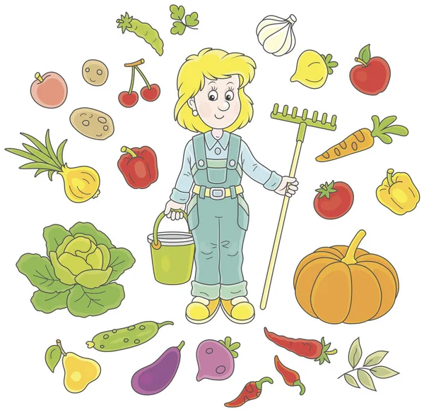 Uśmiechający Się Ogrodnik Dziewczyna Trzyma Prowizji Wiadro Otoczony Warzyw Owoców — Wektor stockowy