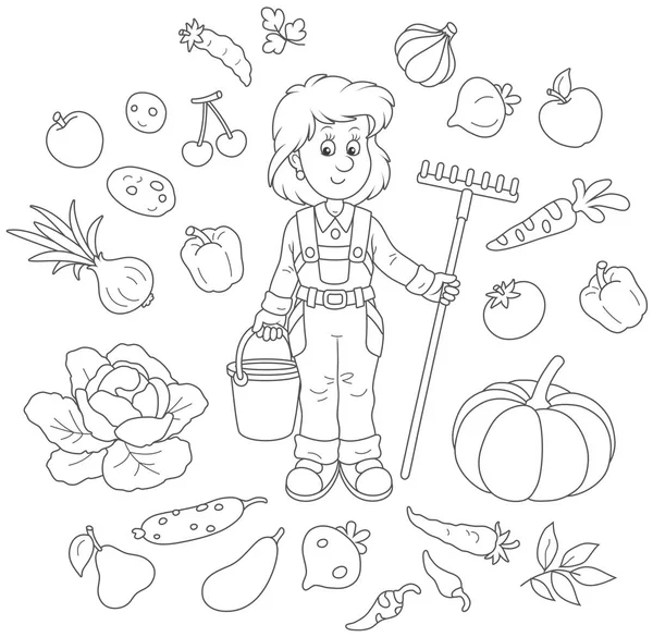 熊手とバケツを持って 野菜や果物に囲まれて女の子庭師の笑みを浮かべて 黒と白のベクトル イラスト塗り絵の漫画のスタイルで — ストックベクタ