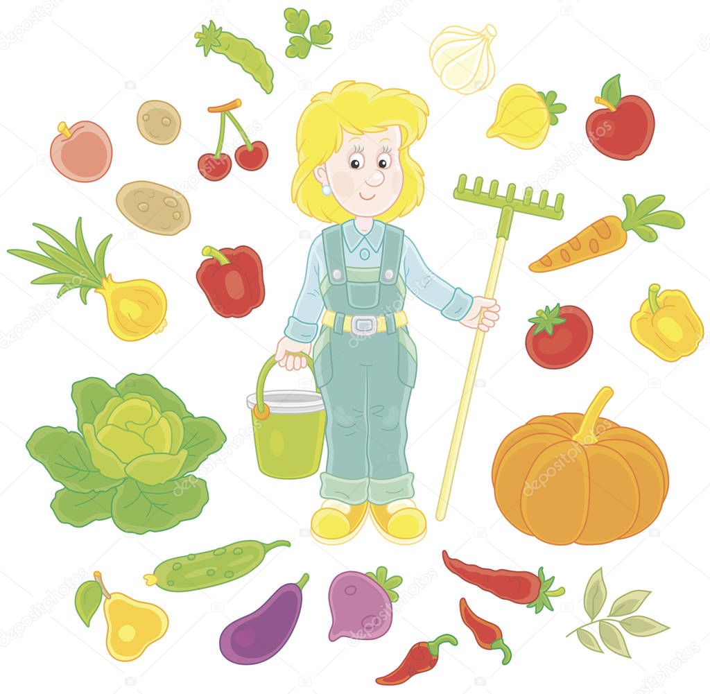 Smiling girl gardener holding a rake and a bucket and surrounded by vegetables and fruit, a vector illustration in cartoon style