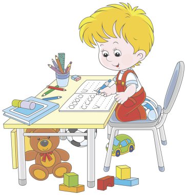 Küçük çocuk onun ödev örnekleri yazma, bir vektör çizim karikatür tarzı ile bir egzersiz kitabı