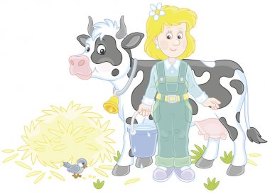 Friendly smiling cute milkmaid holding a bucket full of milk and standing near her cow after milking, a vector illustration in a cartoon style clipart