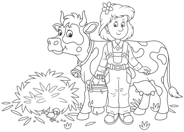 Friendly smiling cute milkmaid holding a bucket full of milk and standing near her cow after milking, a black and white vector illustration in a cartoon style for a coloring book