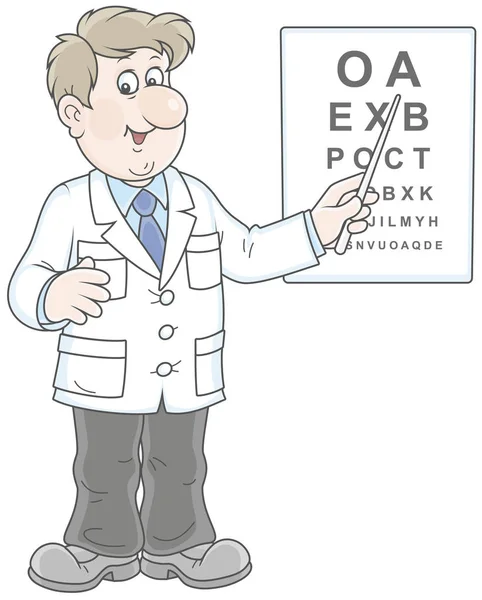 Smiling Doctor Oculist Pointer Plate Letters Checking Eyesight Vector Illustration — Stock Vector