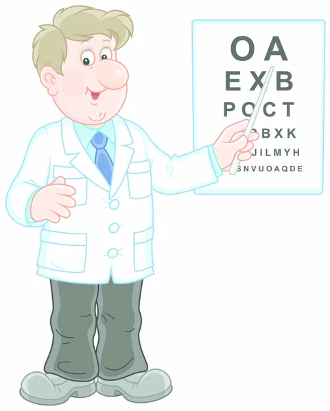 微笑的医生眼科用指针和一盘字母检查视力 在卡通风格的矢量插图 — 图库矢量图片
