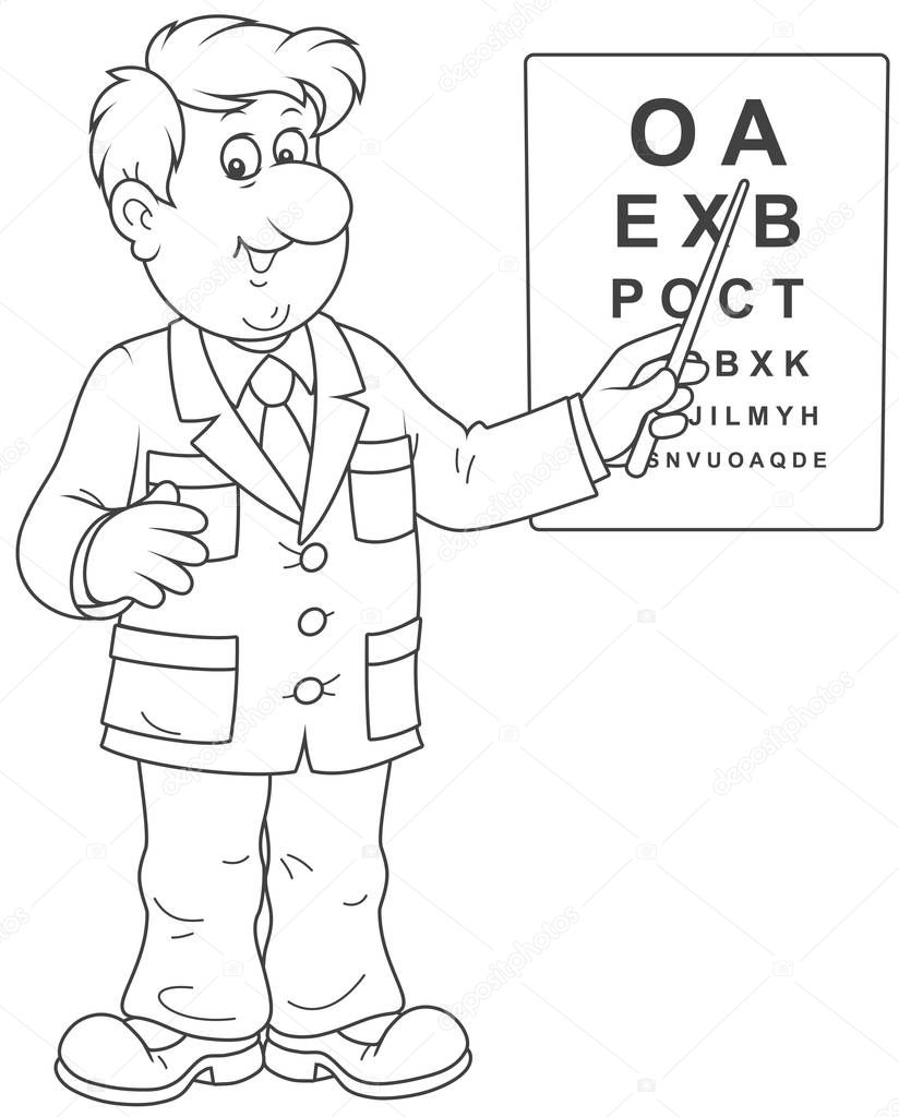 Smiling doctor oculist with a pointer and a plate of letters checking eyesight, a black and white vector illustration in a cartoon style