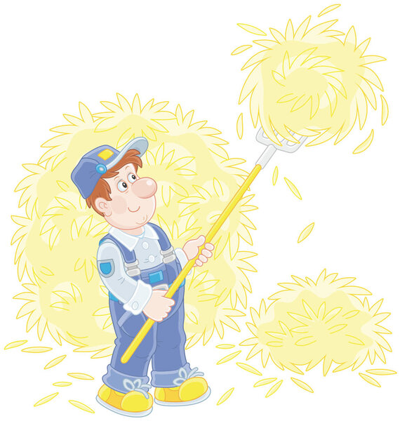 Улыбающийся фермер сено с вилами в сеновале, векторная иллюстрация в мультяшном стиле
