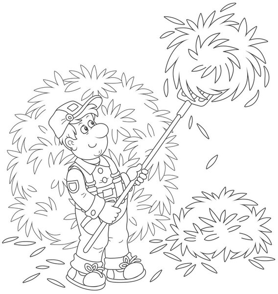 Улыбающийся фермер сено с вилами в сеновале, черно-белая векторная иллюстрация в стиле мультфильма для раскраски книги
