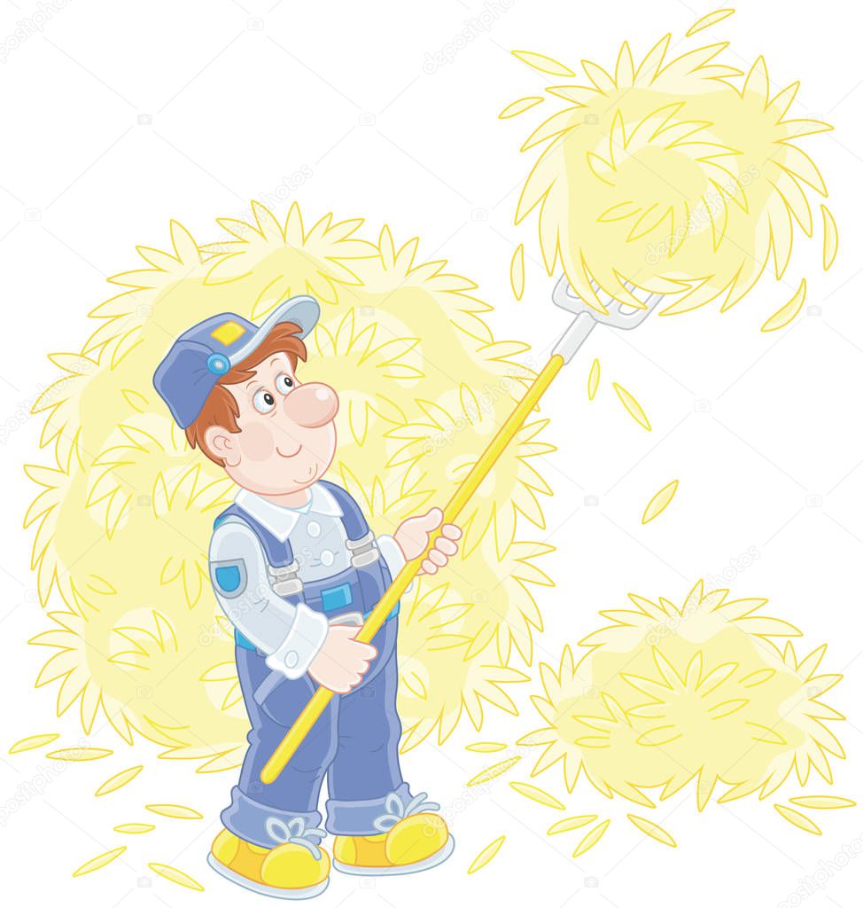 Smiling farmer tedding hay with a pitchfork in a hayloft, a vector illustration in a cartoon style