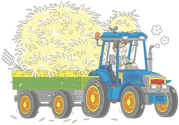 Uśmiechnięty Farmer Jazdy Jego Ciągnika Przyczepą Siana Ilustracji Wektorowych Stylu — Wektor stockowy