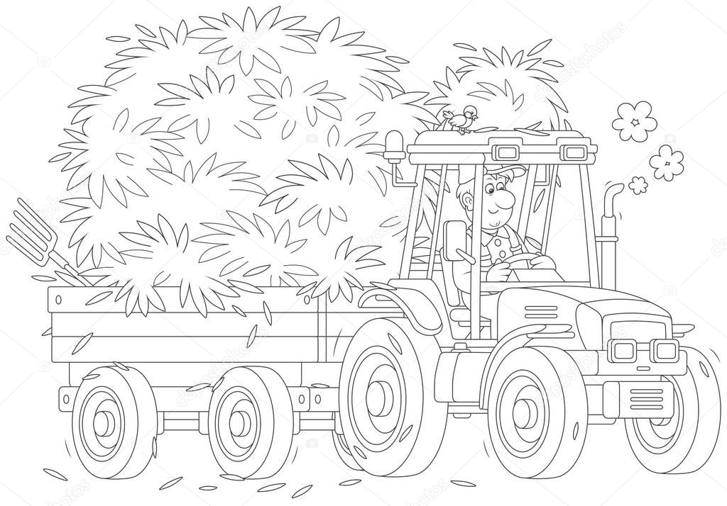 Smiling farmer driving his wheeled tractor with a trailer of hay, a black and white vector illustration in a cartoon style for a coloring book