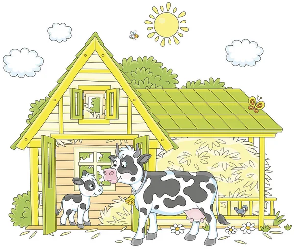 Spotted Cow Her Small Calf Barn Milk Farm Vector Illustration — Stock Vector