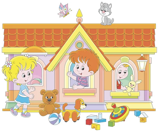 Little Children Playing Toy House Playground Vector Illustration Cartoon Style — Stock Vector