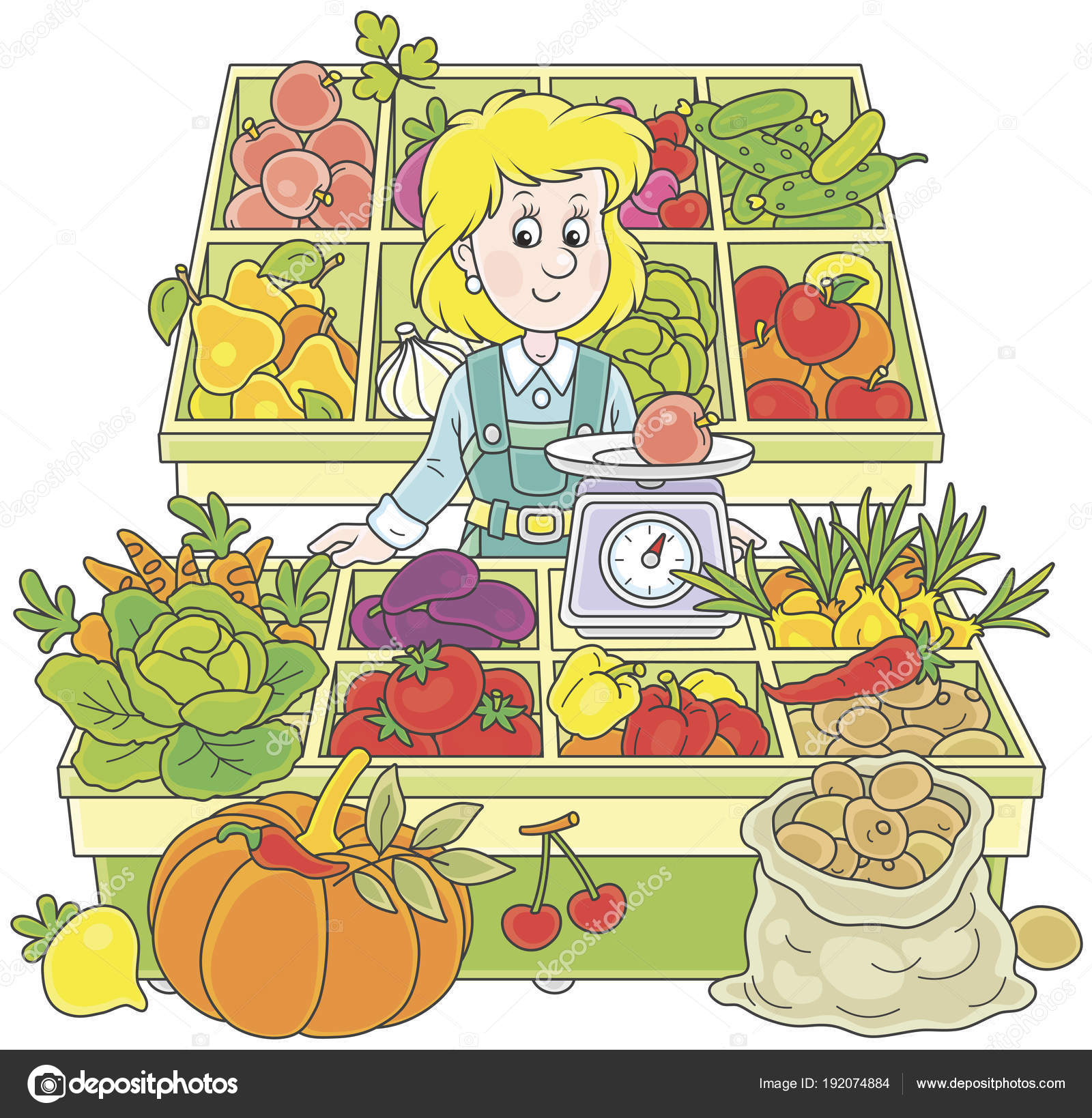 Greengrocer Mercado Chica Sonriente Comerciante Pie Detrás Mostrador Rodeado Verduras — Vector de stock