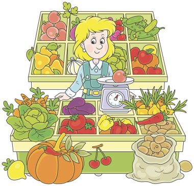 Greengrocer in a market. Smiling girl trader standing behind her counter surrounded by vegetables and fruit, a vector illustration in a cartoon style clipart