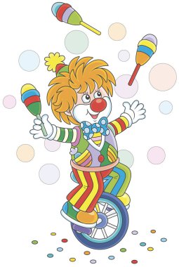 Sirk gösterisi bir komik skittles ile hokkabazlık palyaço ve onun tek tekerlekli sirk bisikletine binme bir karikatür tarzı resimde vektör