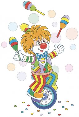 Circus show of a funny clown juggling with skittles and riding his unicycle, vector illustration in a cartoon style clipart