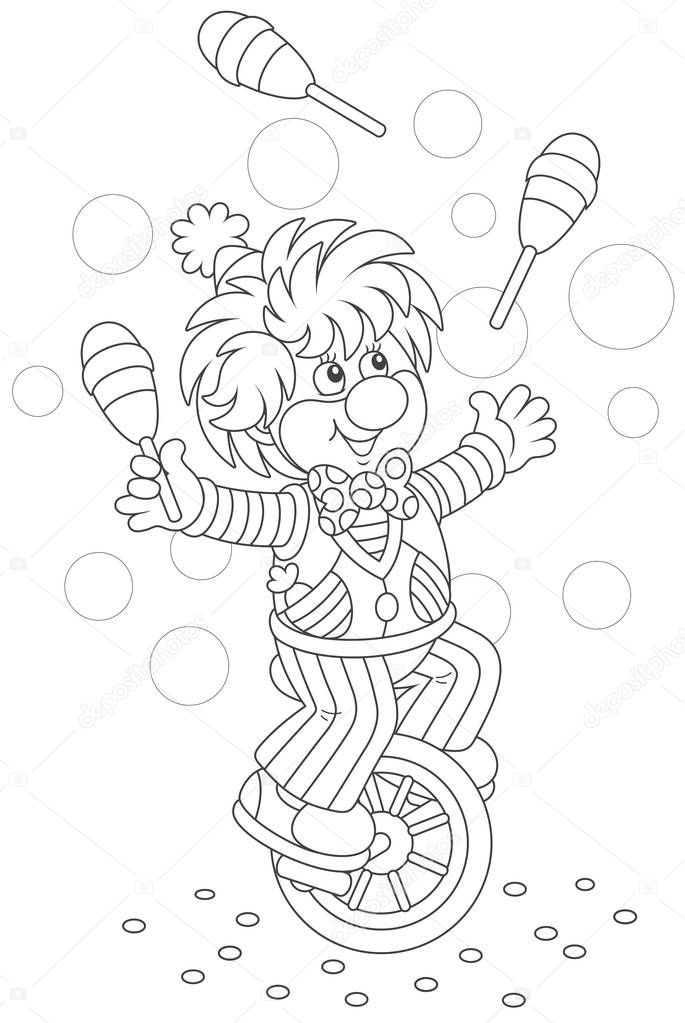 Circus show of a funny clown juggling with skittles and riding his unicycle, black and white vector illustration in a cartoon style for a coloring book