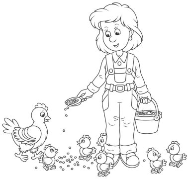  Dost gülümseyen kümes hayvanları kadın onun tavuk ve küçük civciv kümes hayvanları çiftlik, siyah ve beyaz vektör çizim karikatür tarzı bir boyama kitabı için beslenirler