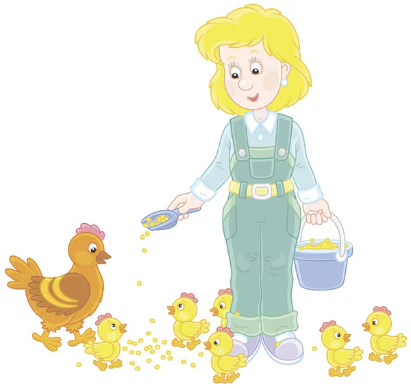 Vänliga Leende Fjäderfä Kvinna Utfodring Hennes Höna Och Små Kycklingar — Stock vektor