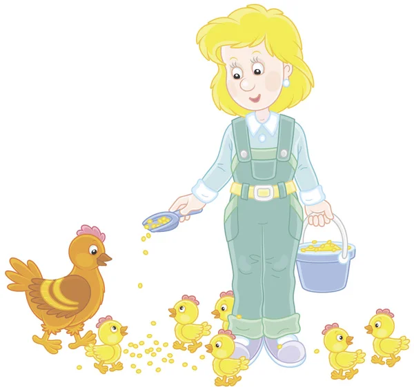 Femme Volaille Souriante Amicale Nourrissant Poule Ses Petits Poussins Dans — Image vectorielle