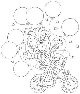 Circus show of a funny clown riding his bicycle with balloons, black and white vector illustration in a cartoon style for a coloring book clipart