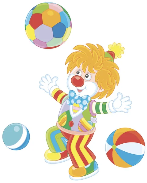 面白いサーカスのピエロのカラフルなボールと遊ぶ漫画スタイルのベクトル図 — ストックベクタ