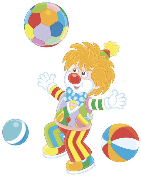 Funny circus clown playing with colorful balls, vector illustration in a cartoon style