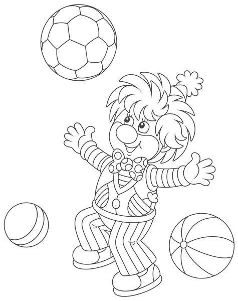 面白いサーカスのピエロがボールで遊んで塗り絵の漫画のスタイルの黒と白のベクトル図 — ストックベクタ