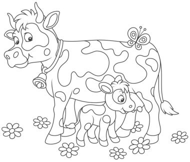 Benekli inek ve küçük yavrularıyla süt içme gülümseyen, siyah ve beyaz vektör çizimler karikatür tarzı bir boyama kitabı için