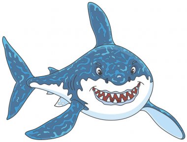 Dost büyük beyaz köpekbalığı saldıran gülümseyen, vektör çizimler karikatür tarzı