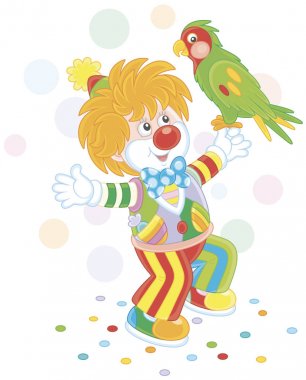 Funny circus clown playing with his colorful parrot, vector illustration in a cartoon style clipart
