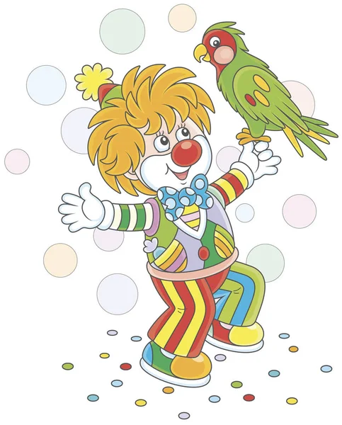 Funny Clown Playing Colorful Parrot — Stock Vector