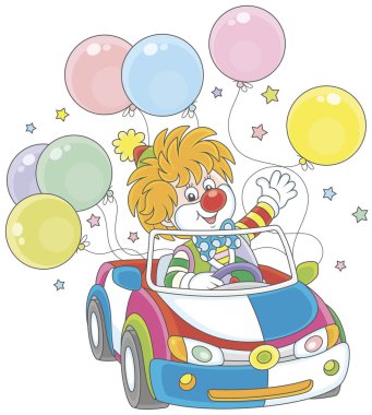 Funny ginger clown driving his car with colorful balloons, vector illustration in a cartoon style clipart