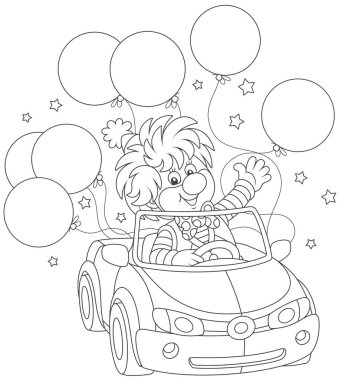 Funny circus clown driving his car with holiday balloons, black and white vector illustration in a cartoon style for a coloring book clipart