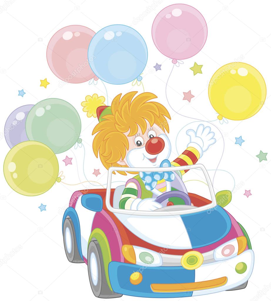 Funny ginger clown driving his car with colorful balloons, vector illustration in a cartoon style