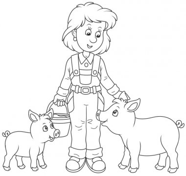 Komik domuz yavruları, beslenme dostu gülümseyen çiftlik workwoman siyah ve beyaz vektör çizim karikatür tarzı bir boyama kitabı için