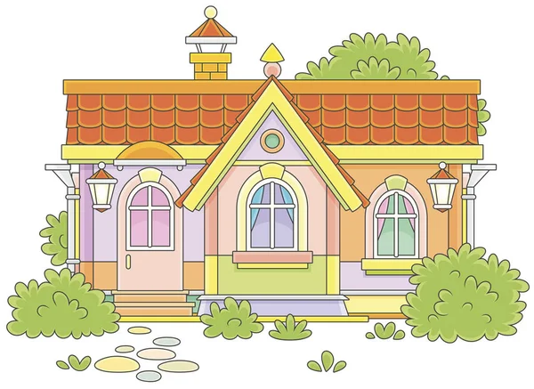 Colorful country house with bushes, vector illustration in a cartoon style — Stock Illustration Colorful Country House Bushes Vector Illustration Cartoon Style Royalty Free Stock Vectors
