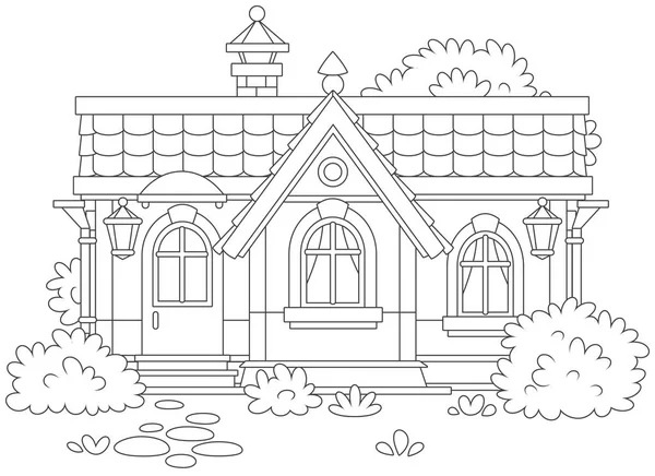 Country house with bushes, black and white vector illustration in a cartoon style for a coloring book — Stock Illustration Country House Bushes Black White Vector Illustration Cartoon Style Coloring Vector Graphics