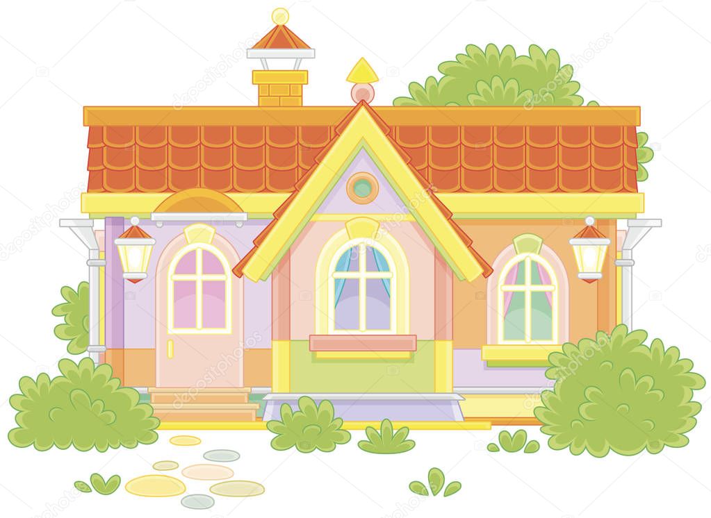 Colorful country house with bushes, vector illustration in a cartoon style