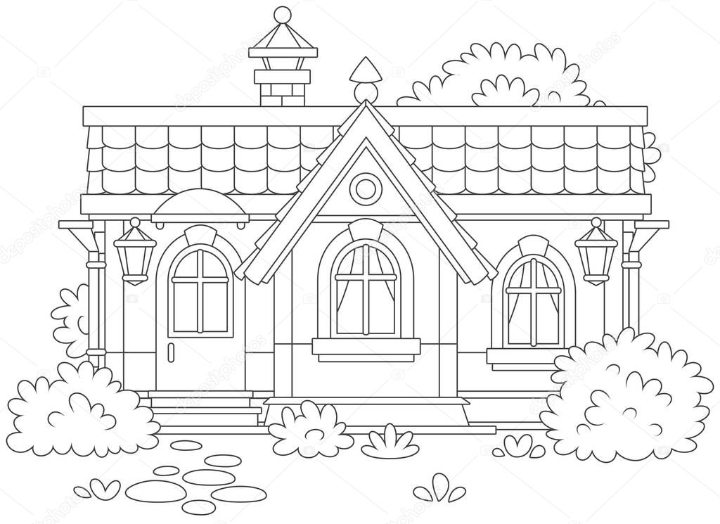 Country house with bushes, black and white vector illustration in a cartoon style for a coloring book